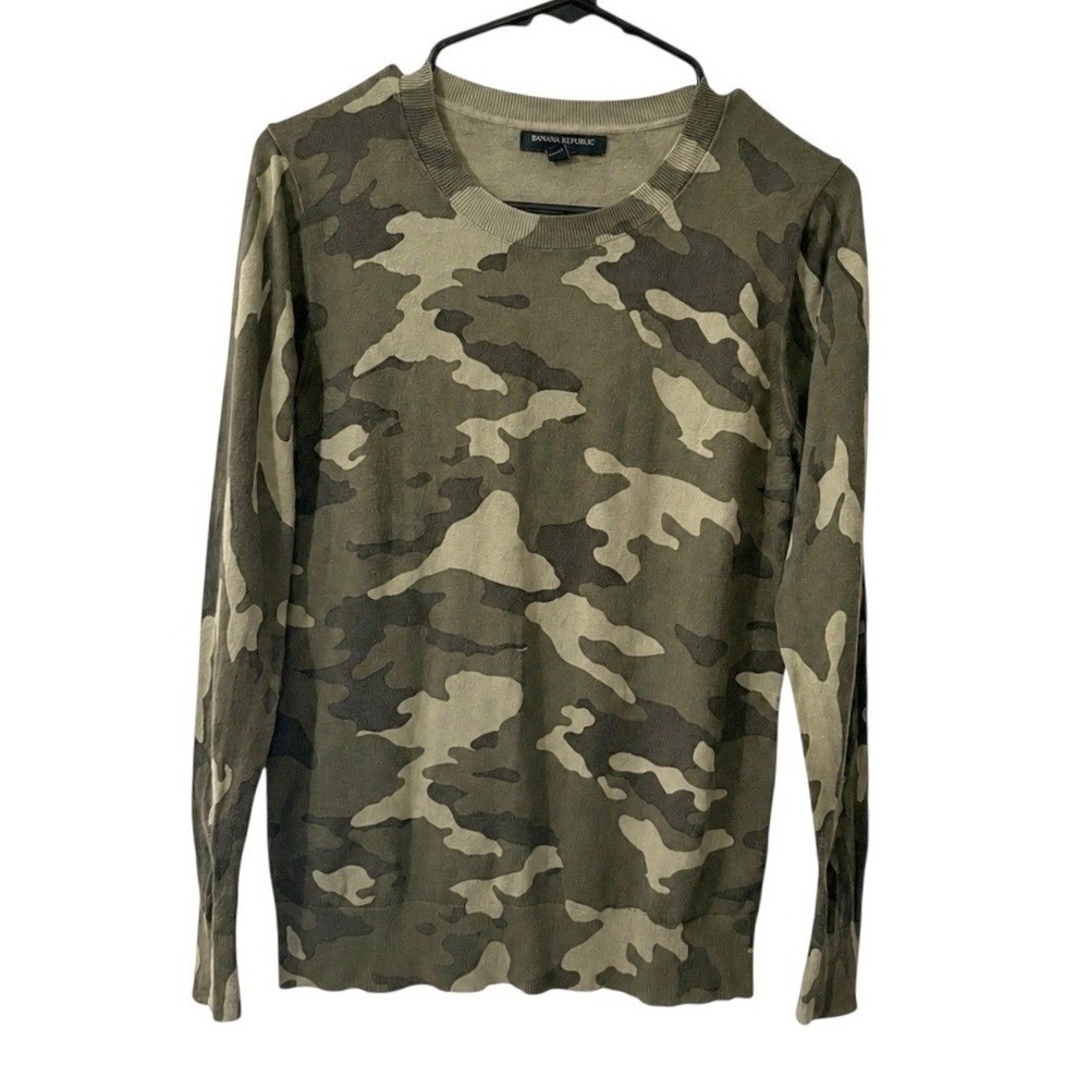 Banana Republic Sweater Womens S Green Camo Crew Neck Cotton Long Sleeve Knit - Picture 2 of 5